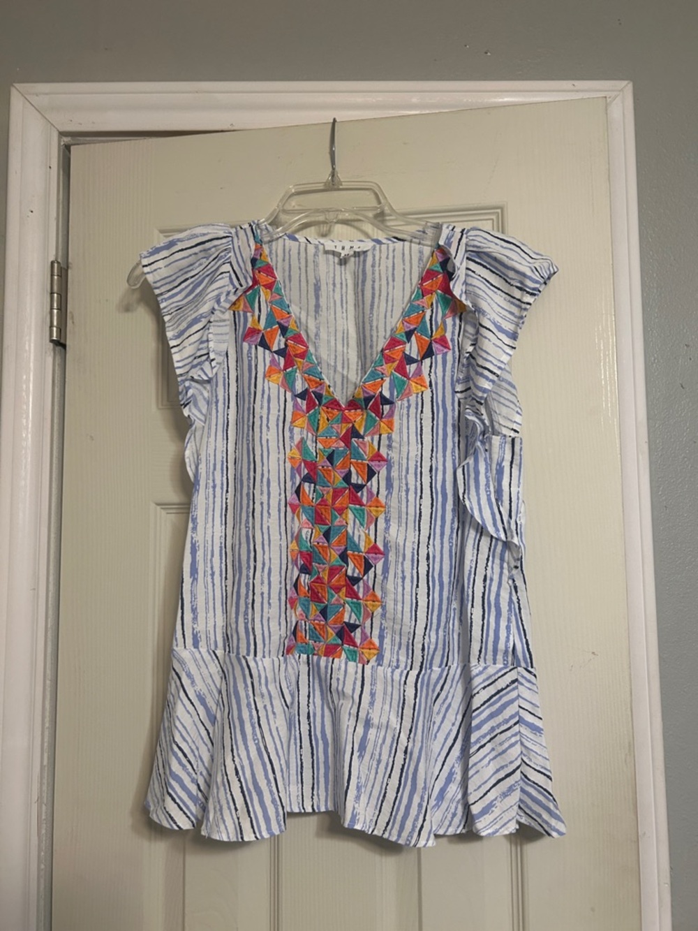 THML blue stripe top ruffle sleeveless